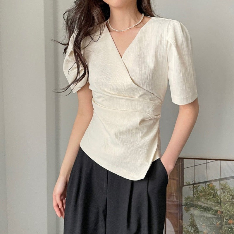 Chic French‑Style Asymmetrical V‑Neck Puff Sleeve Top – Slim Fit
