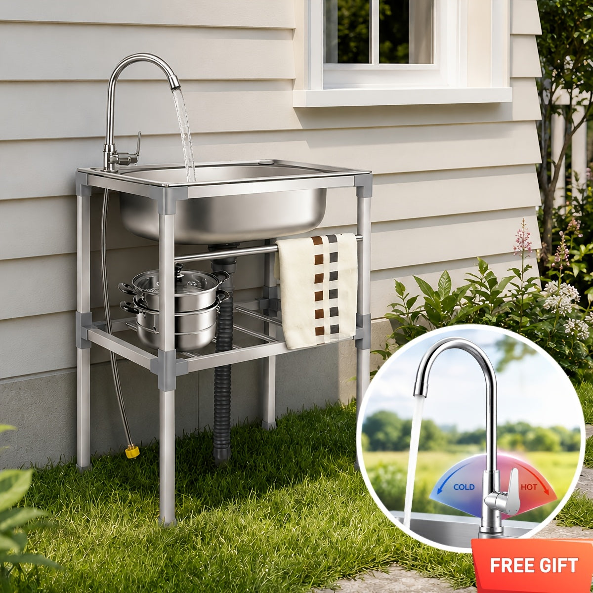 Freestanding 19-Inch Single-Bowl Stainless Steel Utility Sink with Hot and Cold Faucet – Metallic Gray