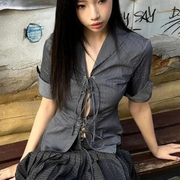 Sweet Cool Girl Style Striped Printed Hollow Personality Niche V-neck Lace Up Half Sleeve Outer Shirt