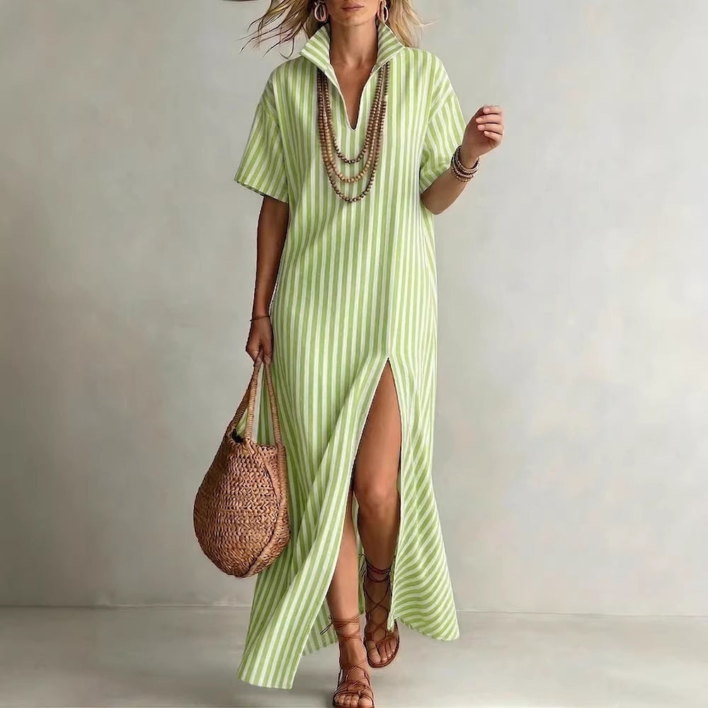 Womens Summer V-neck Short-sleeve Striped Dress