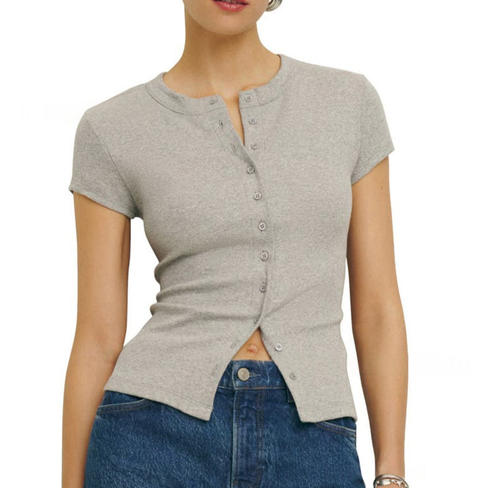 Straight-shoulder Slim-fit Short-sleeve Cardigan T-shirt