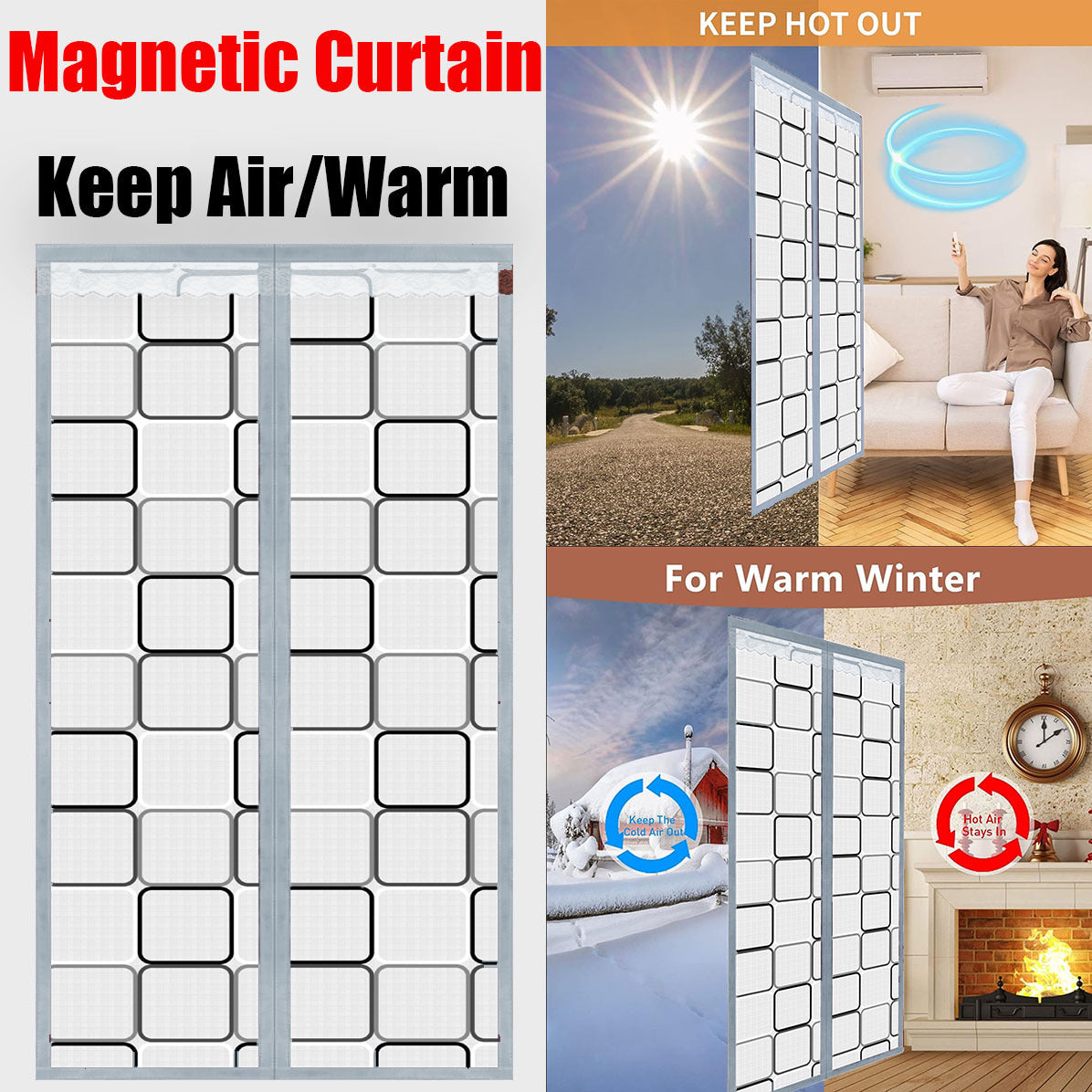 Magnetic Eva Air Conditioner Insulation Door Curtain, Lace Top Windproof Thermal Seal Screen Door, Weighted Bottom Hands Free Auto Close Door Screen, Anti Mosquito Energy Saving Partition Curtain for