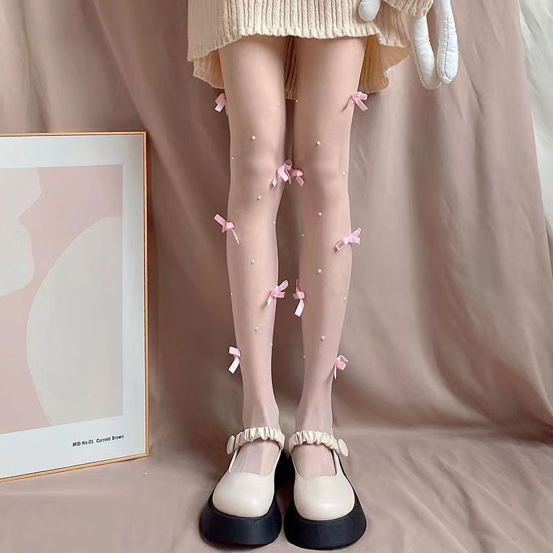 Bow Pearl White Stockings Lolita Leg Shaping Pantyhose