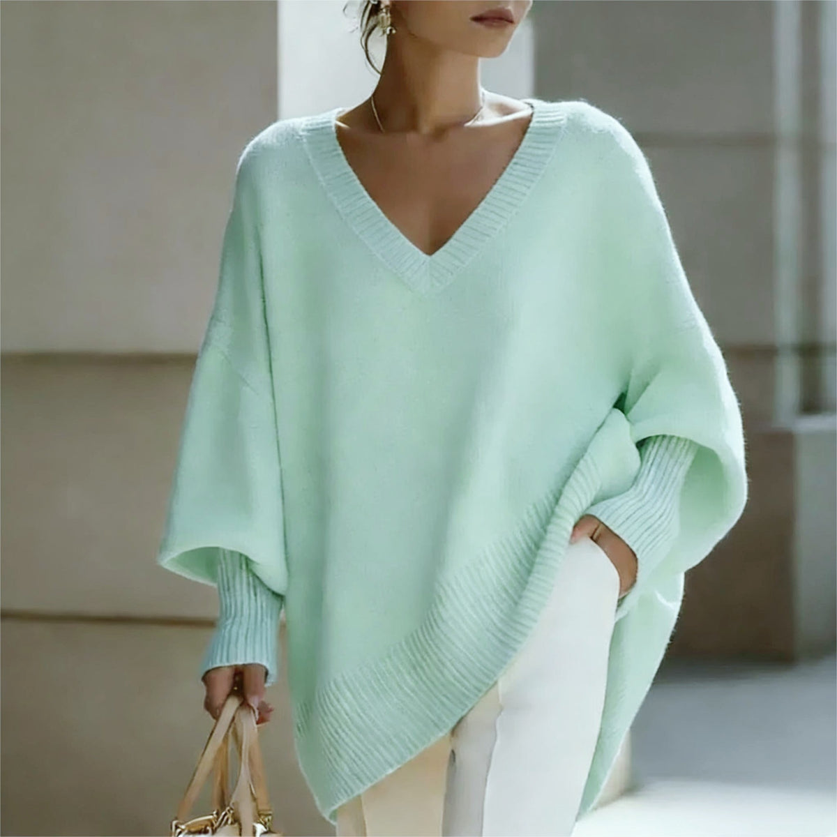 Lapel-collar Loose-fit Solid-color Sweater with Lantern Sleeves