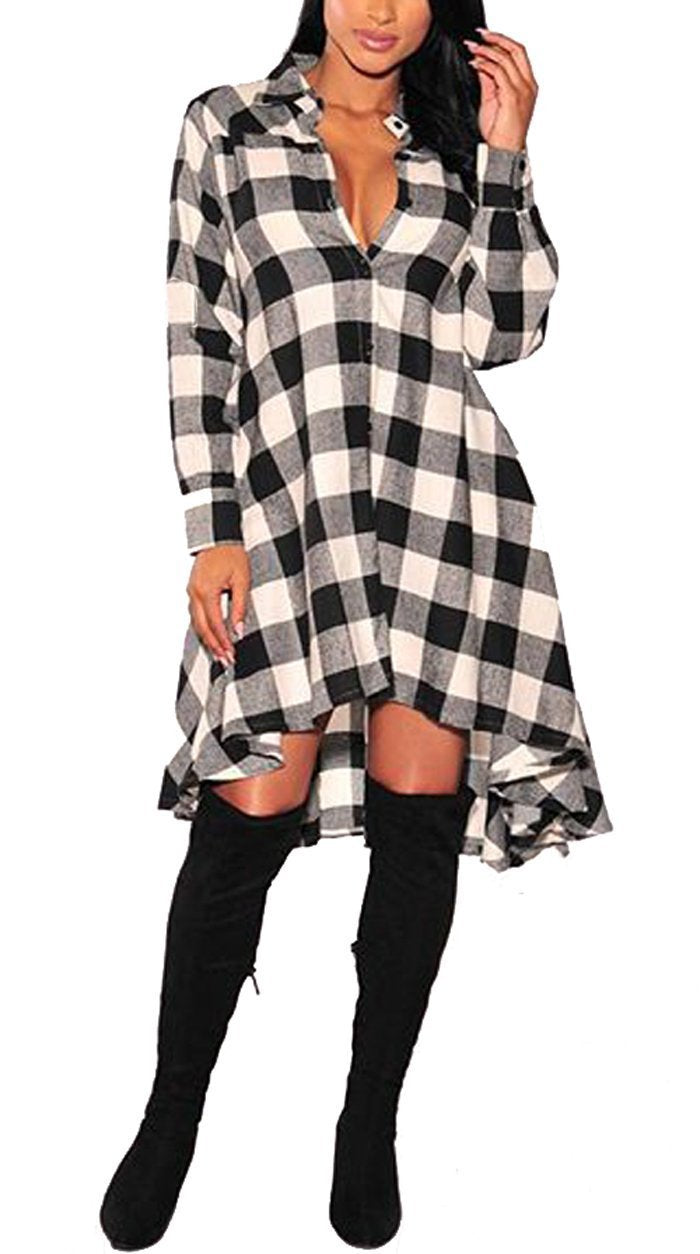 Boyfriend Style Casual Pocket Long Sleeve Plaid Polo Shirt Irregular Coat