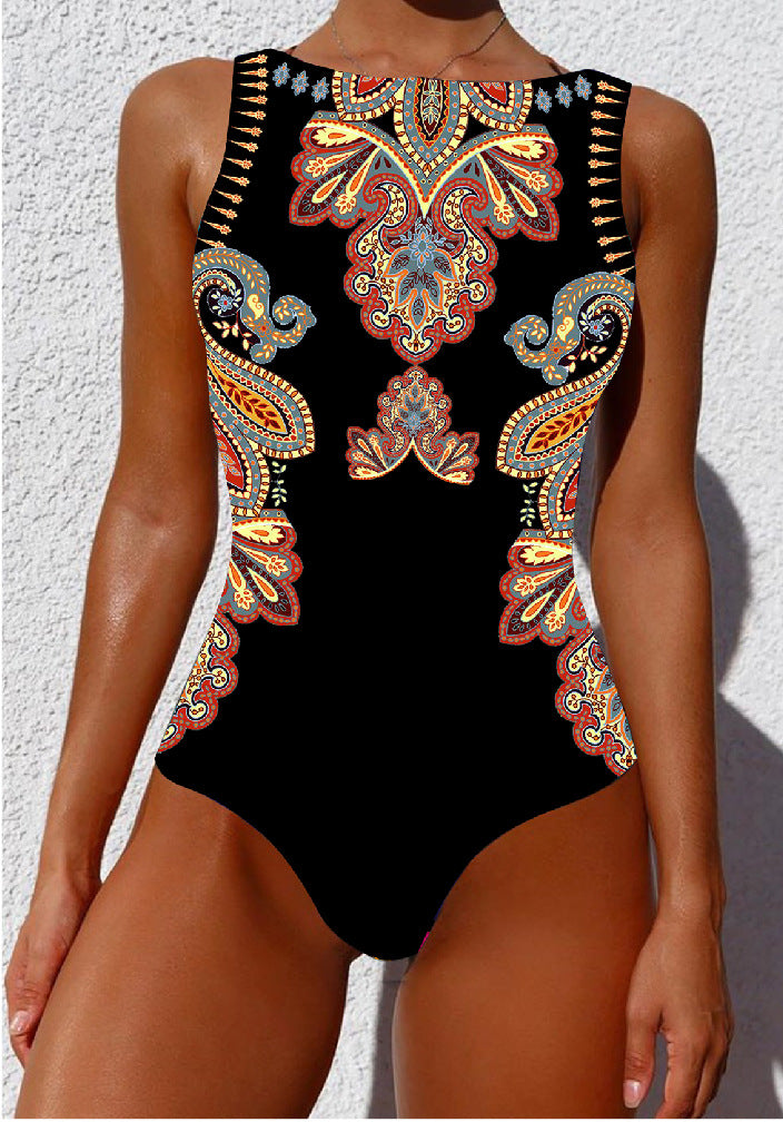 Women's Abstract Print High-Waist Backless Swimsuit
