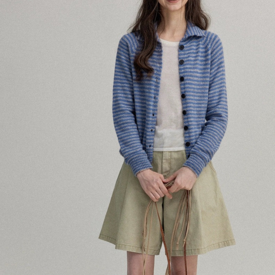 Blue Striped Wool Cardigan – Slim-Fit, Fluffy, Cozy & Stylish
