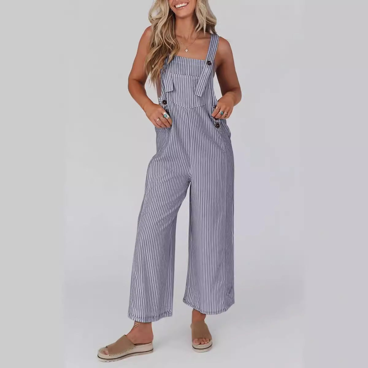 Sleeveless Striped Button-Down Work Jumpsuit