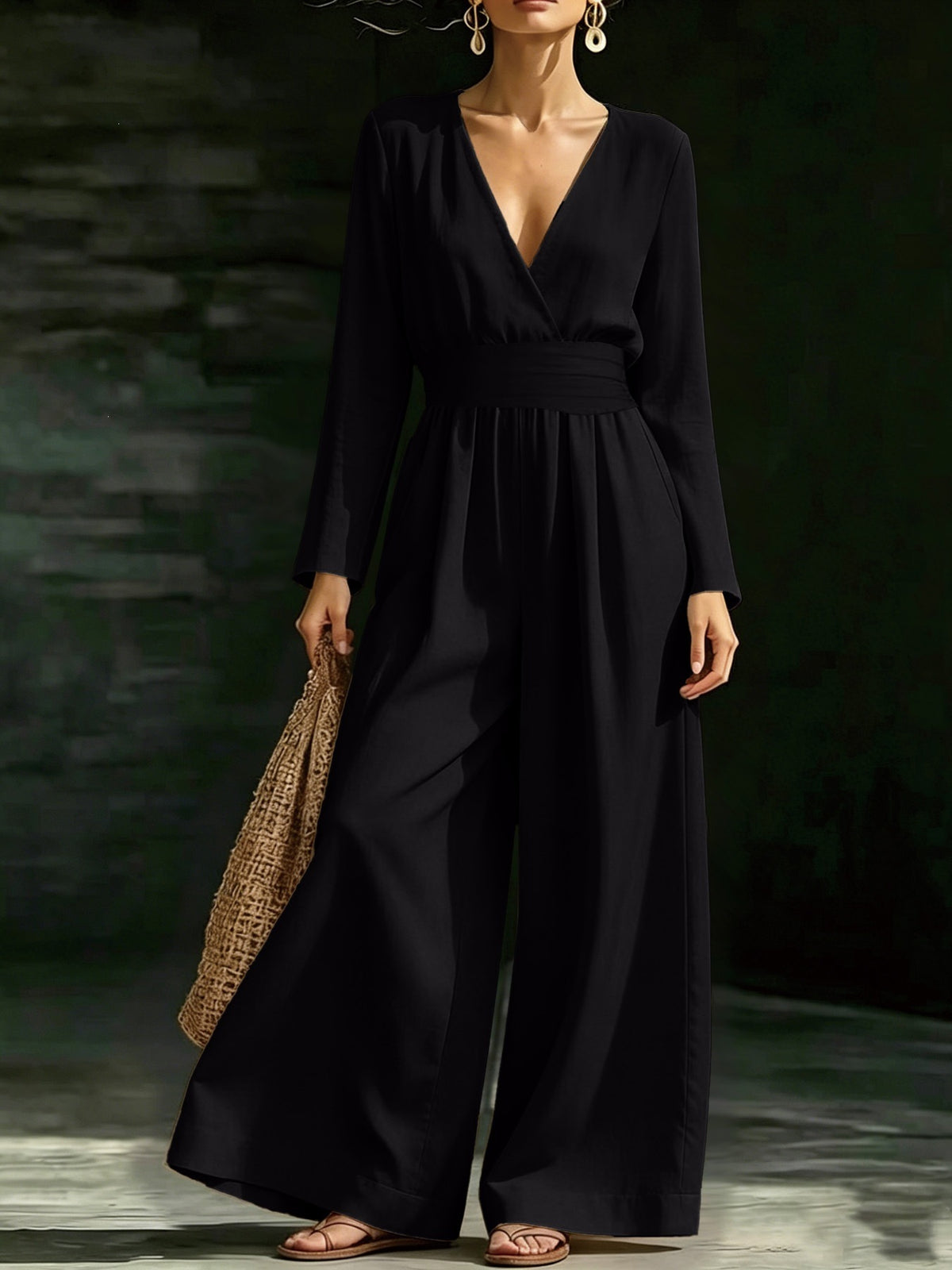 Elegant Long-Sleeve V-Neck Knit Jumpsuit for Women