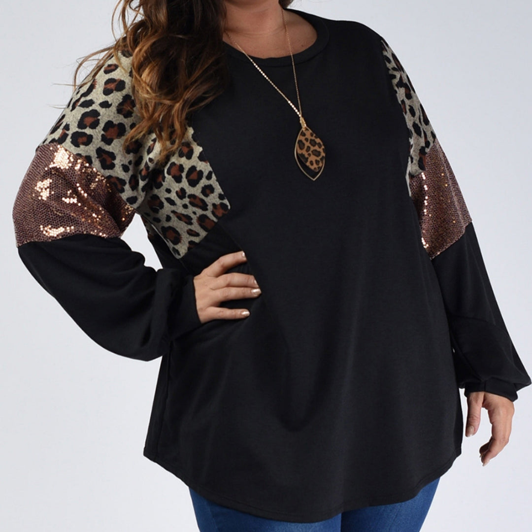 Plus Size Leopard Print Long Sleeve Pullover Sweatshirt