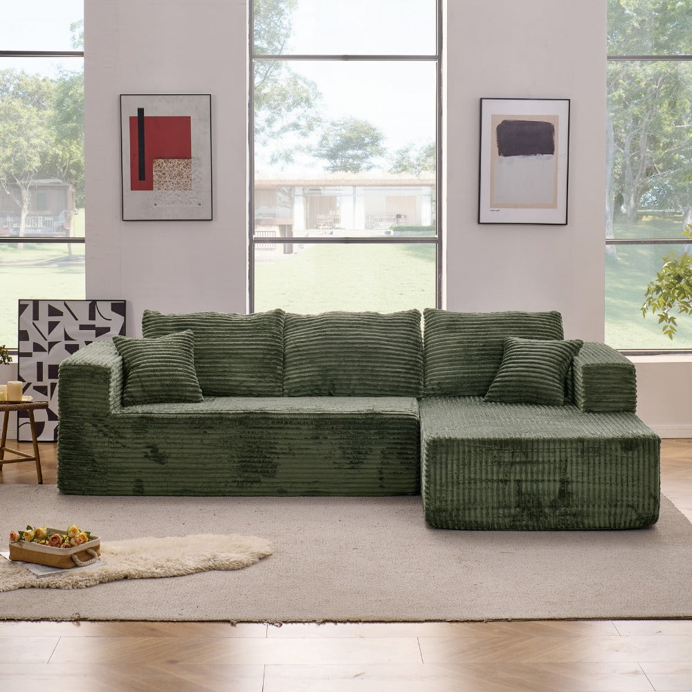 Modular L-shaped chaise longue sofa bed with deep seat and corduroy upholstery