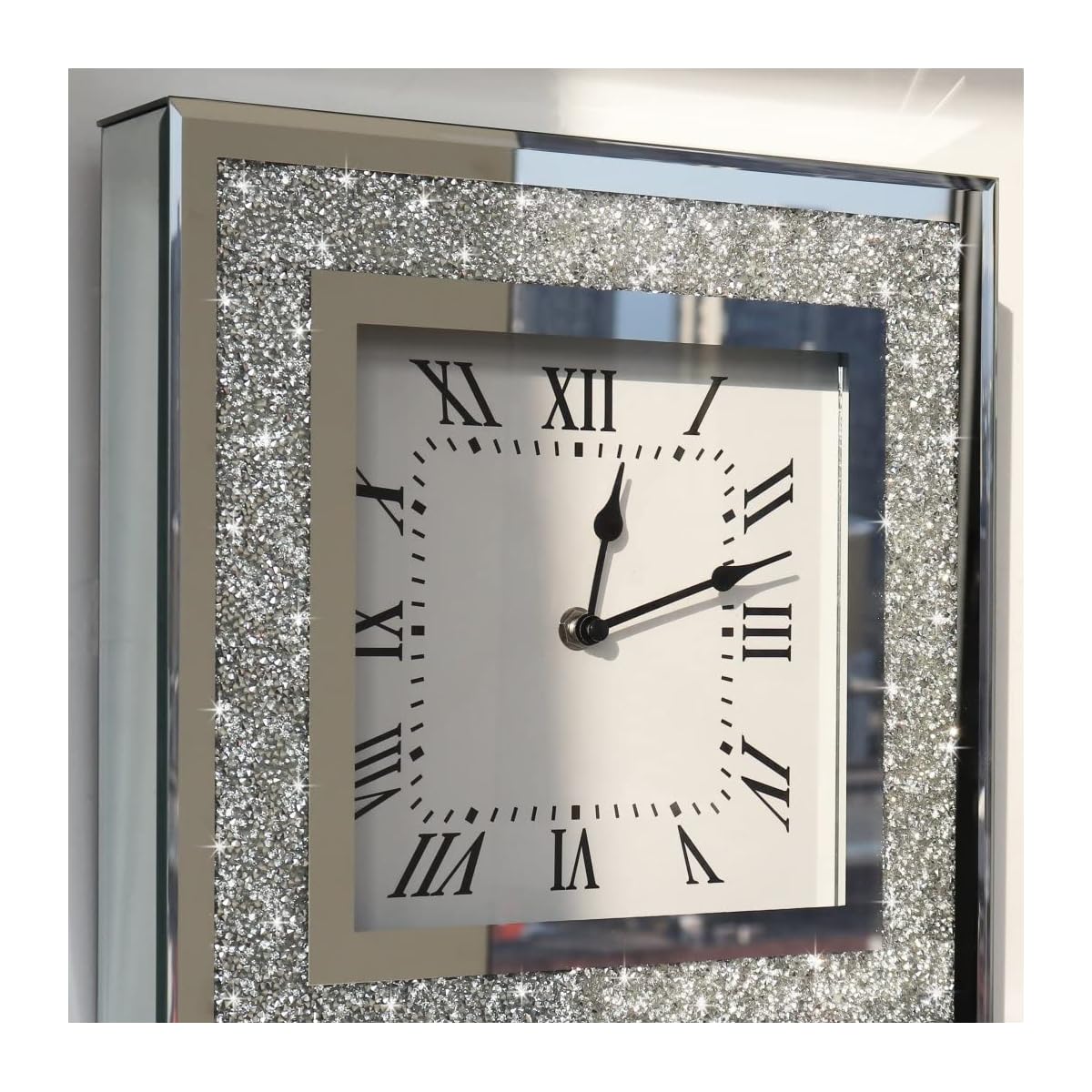 Crystal Crush Diamond Mirrored Square Wall Clock with Sparkle Twinkle Bling Diamond Decor for Wall Decoration, 12x12inch Decorative Silvery Mirror Quartz Clock for Home Decor. AA Battery not included, Stylish Wall Clock, Wall Clock Living Room