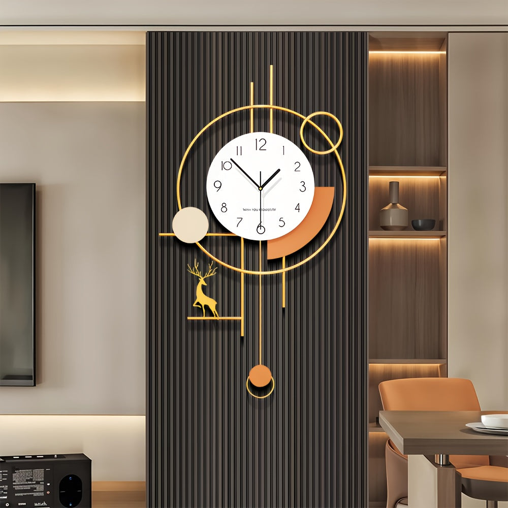Large Modern Wall Clock with Pendulum - Silent Quartz Movement, Battery Operated, 20x33, 5 Inch, Golden Accents, Irregular Shape, Digital Display, Auto-Shut Off, Ideal for Living Room, Kitchen, Bedroom, Bathroom Decor, Wall Clock Living Room