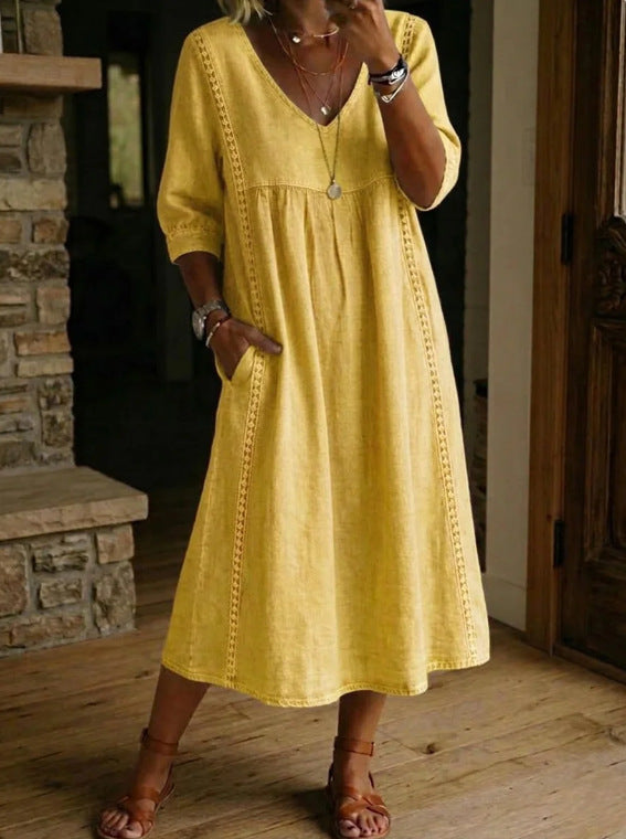 Casual Loose V-neck Stitching Lace Linen Cotton Dress