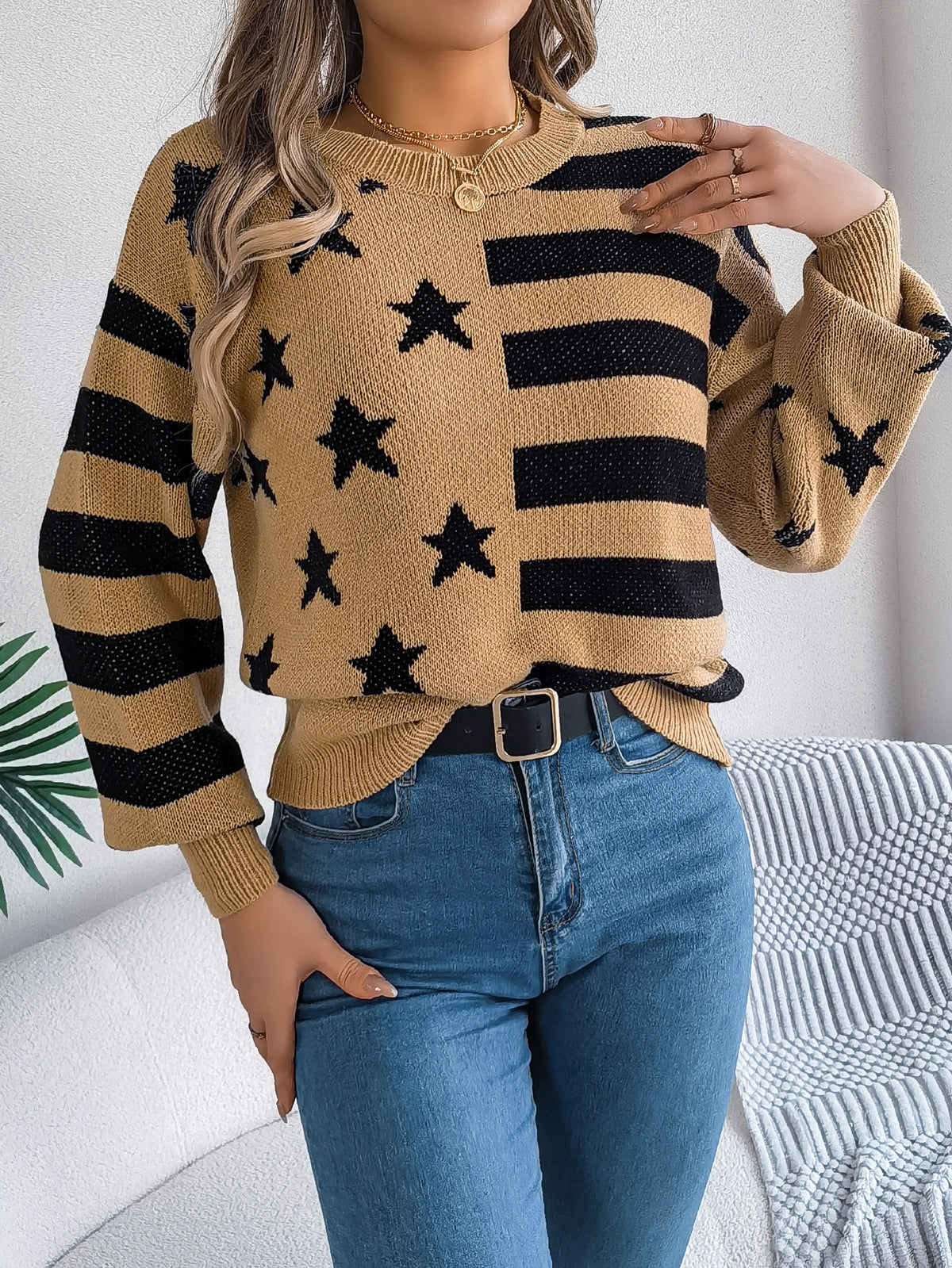 Women Casual Star Stripe Lantern Sleeve Long Sleeve Pullover Sweater