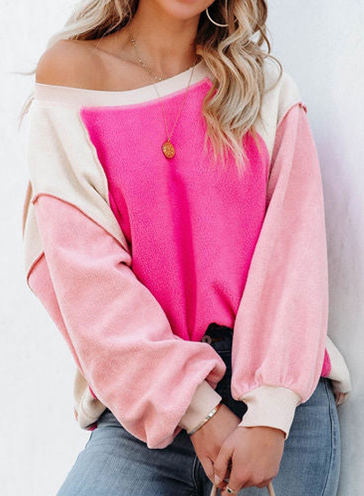 Cozy Colorblock Fleece Lantern Sleeve Pullover Top