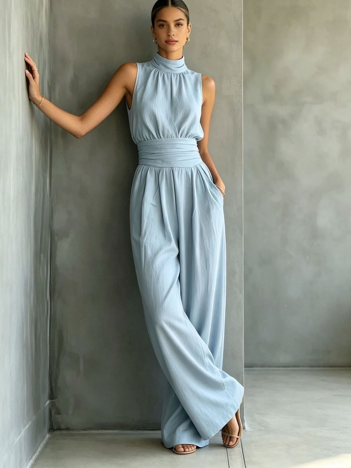 Chic Sleeveless Mock-Neck Wide-Leg Casual Jumpsuit