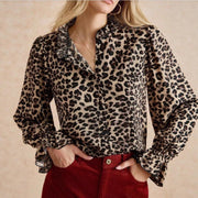 New Womens Casual Leopard-print Stand-collar Long-sleeve Cardigan Shirt
