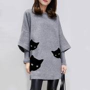 Women's Cozy Gray Round-Collar Long-Sleeve Sweater