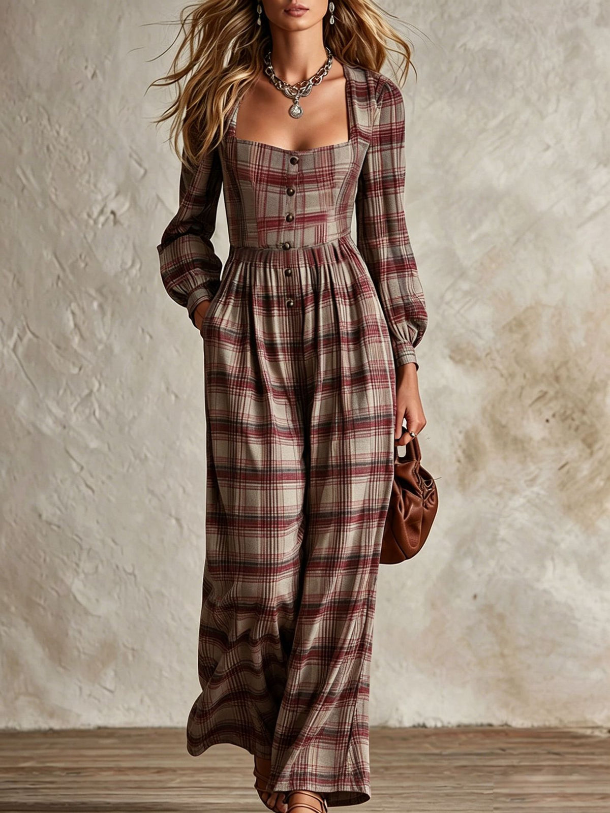 Womens Plaid Waist-Cinching Wide-Leg Jumpsuit