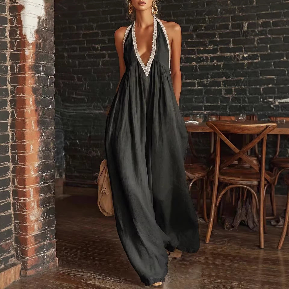 Casual Lace-Trimmed Loose Linen Jumpsuit