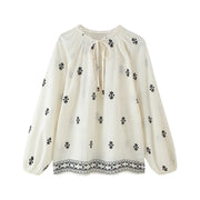 European And American Style Women's Fashion Casual Loose Long Sleeve Lace-up Embroidered Shirt
