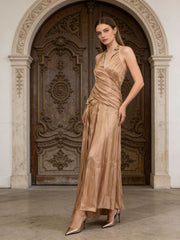 Metallic Pleated Halter Wrap Maxi Dress