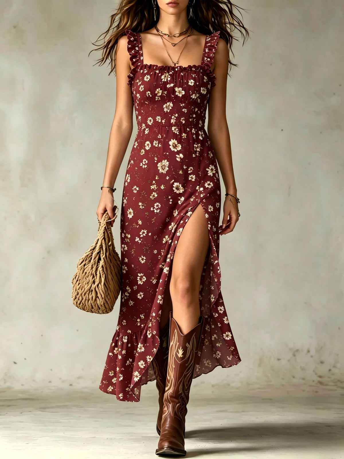 Floral Square Neck Ruffled Slit Vacation Midi Dress