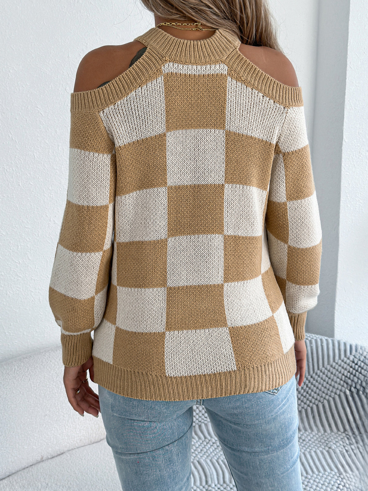 Women's Off-shoulder Color-blocked Plaid Lantern Sleeve Sweater