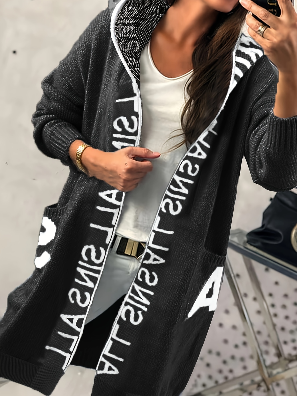 Women Hooded Letter Print Long Knit Cardigan Open Front Oversized Lantern Sleeve Pocket Sweater Coat