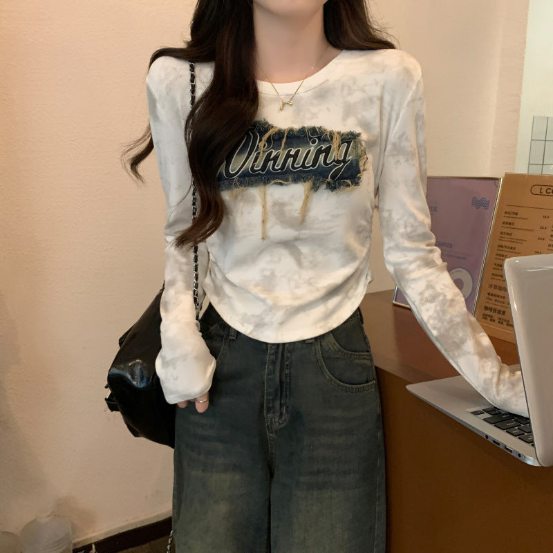 Retro Denim Patch Long-Sleeve Crop Top