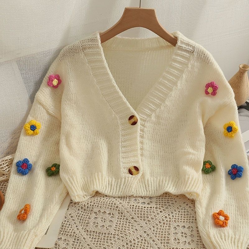 Sweet-style Short Two-button Knit Sweater for Women