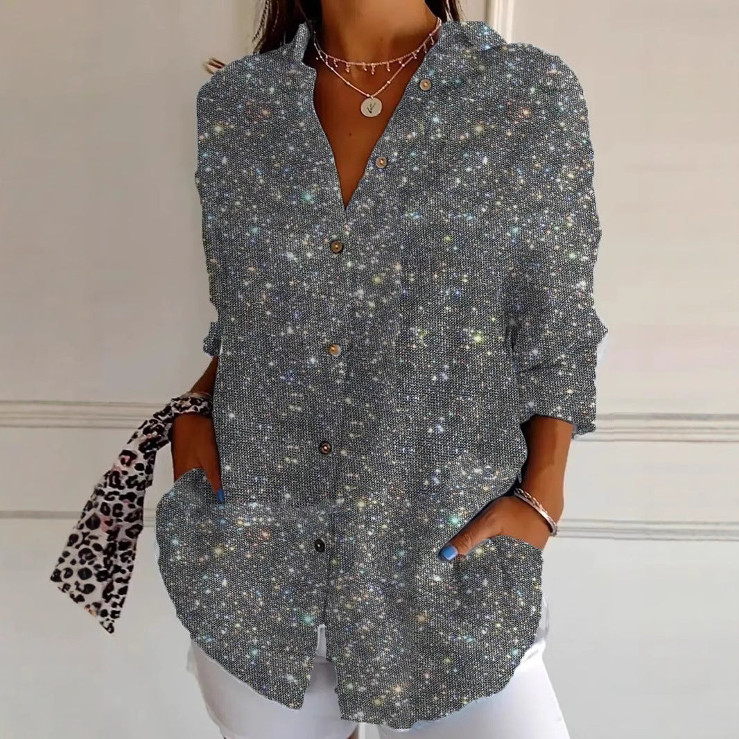 Women's 3D Digital Printing Fashion European And American Style Lapel Long Sleeve Shirt