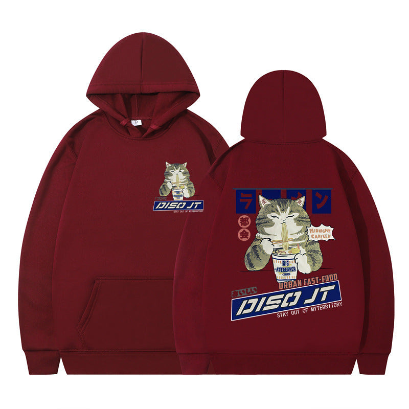 Cozy Cat Print Hooded Sweatshirt for Women