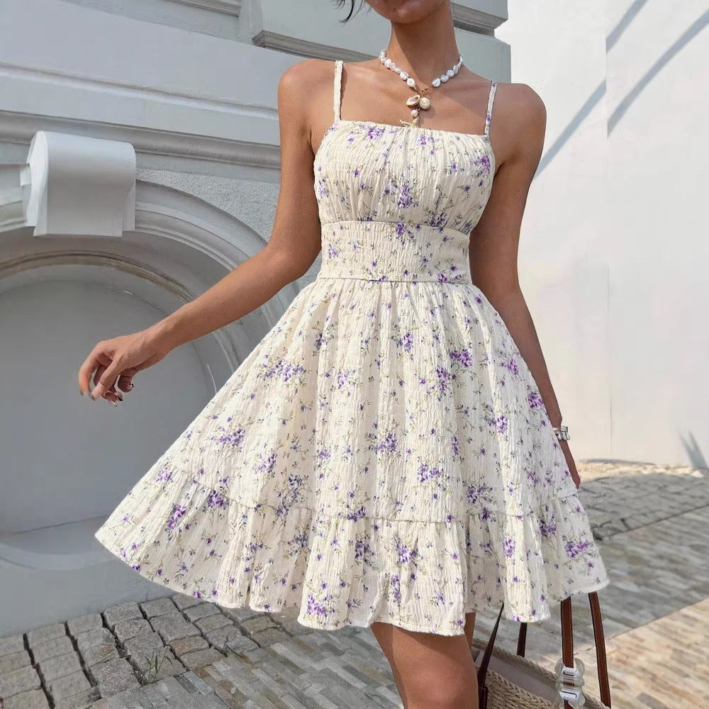 Elegant Floral-print Strap Dress with a Fitted Waist