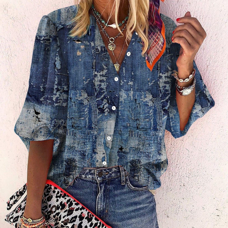 3D Floral-print Long-sleeve Top Fashionable V-neck Blouse For Women