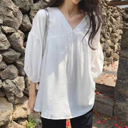 Womens Solid-Color V-Neck Three-Quarter Sleeve Shirt
