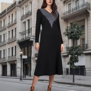 Womens Round-neck Long-sleeve Mid-length Printed Dress