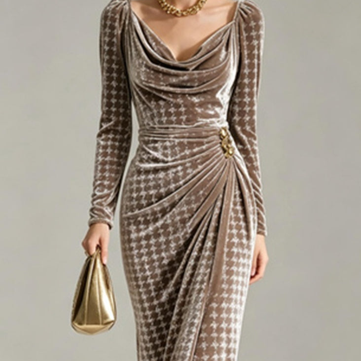 Long Sleeve Velvet Slit Sheath Dress
