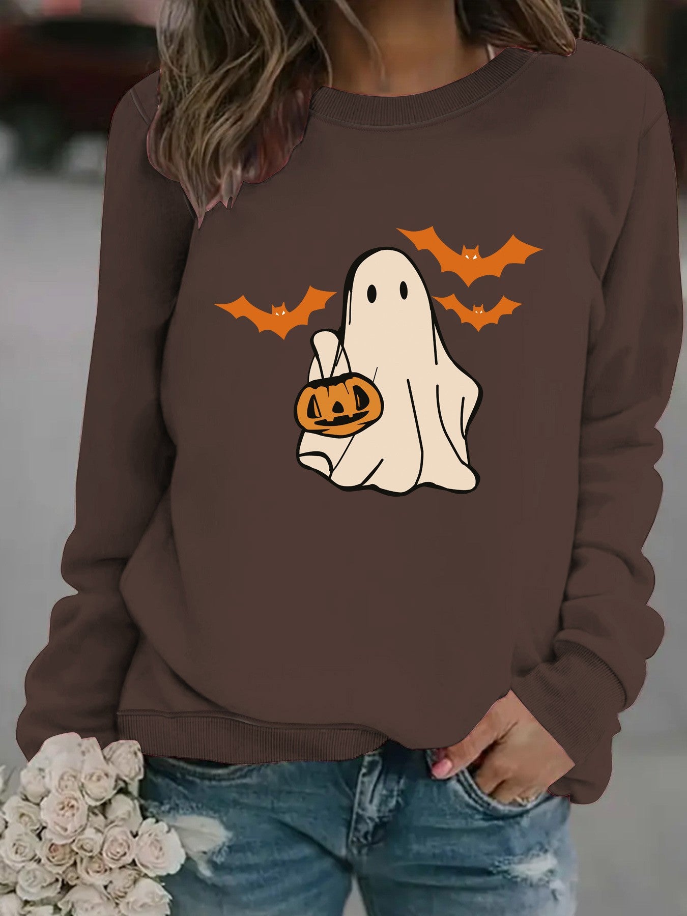Spooky Cute Ghost Print Halloween Pullover Sweatshirt