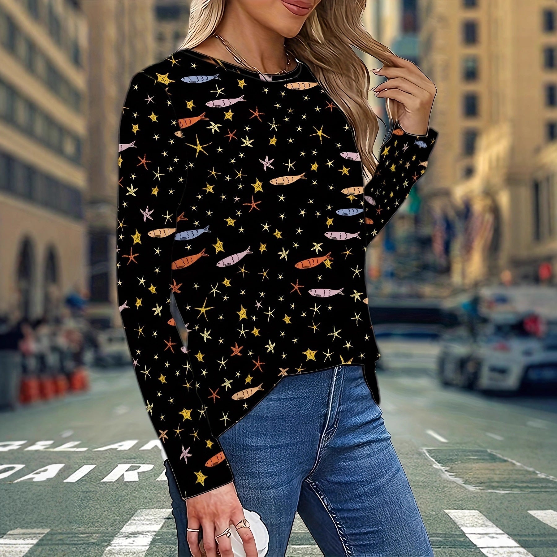 Patterned Long Sleeve Casual Top for Women – Japanese/Korean Style