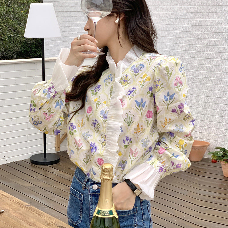 French Romantic Turtleneck Patchwork Ruffled Color Printing Design Flare Sleeve Shirt