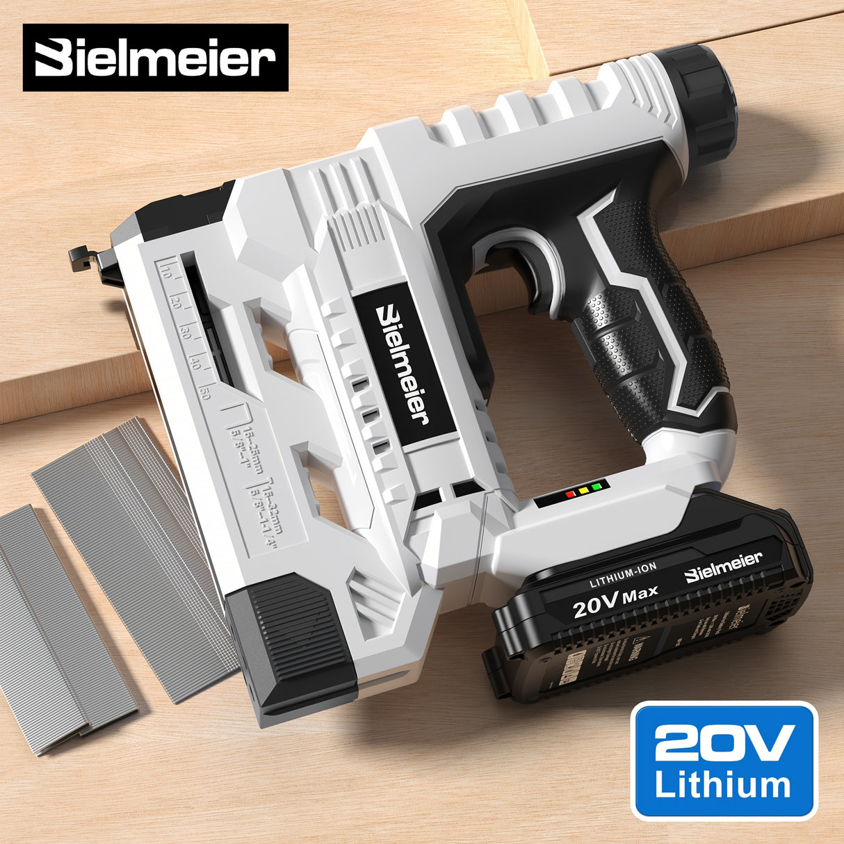 Cordless 2-in-1 Nail Gun Bielmeier 2-in-1 Cordless Nail Gun 20V/4V, No Compressor, No Cord, Lightweight Design for Carpentry & Upholstery, with LED Work Light, Safety Striker Guard, Adjustable Dept...