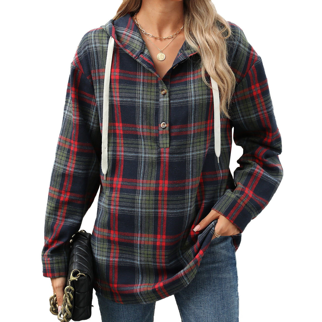Women's Plaid Button Hoodie Loose Long Sleeve Sweatshirt