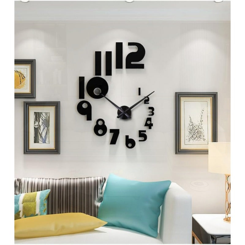 Large Modern Frameless 3D Wall Clock with Mirror Surface & Black Arabic Numerals - DIY Easy-Install Large-Scale Rectangular Minimalist Numbered Clock for Living Room, Bedroom, Office, Hotel - Panel Wall-Mounted Timepiece