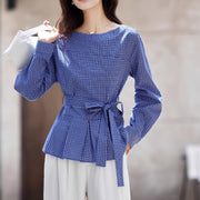 Halter-neck Plaid Shirt Womens Belted Waist Slimming Long-sleeve Top
