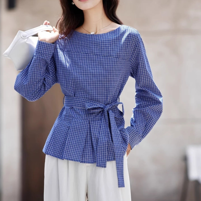 Halter-neck Plaid Shirt Womens Belted Waist Slimming Long-sleeve Top
