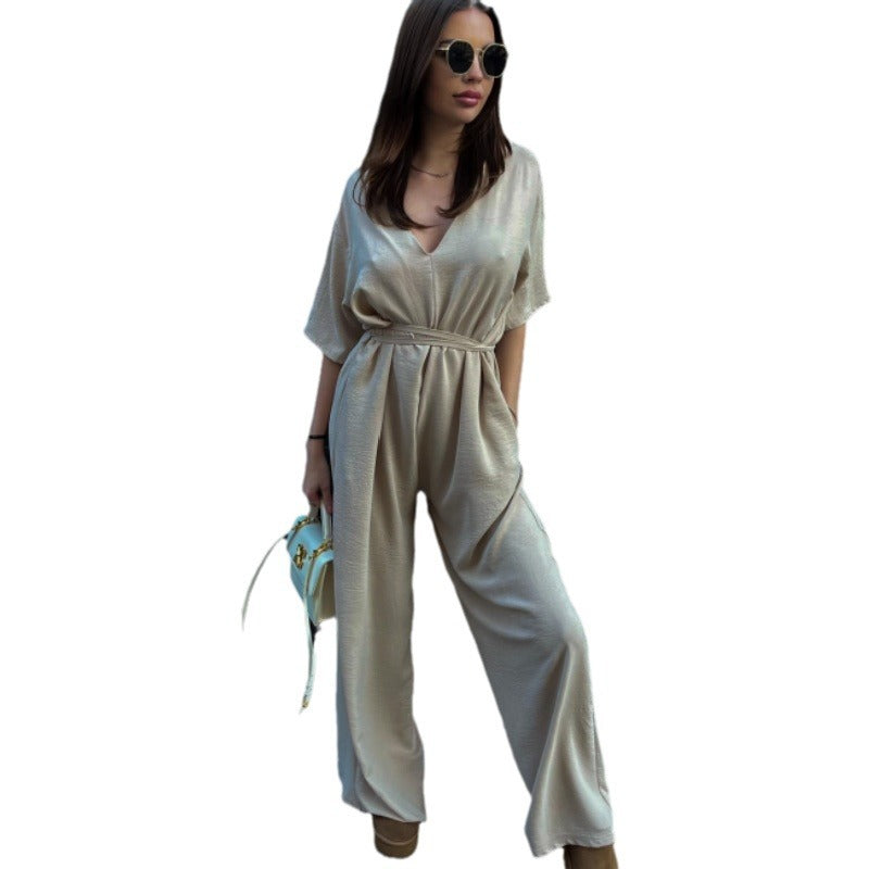Chic V-Neck Wide-Leg Jumpsuit with Waist Tie