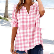 Summer New Womens Plaid V-Neck Short-Sleeve Shirt