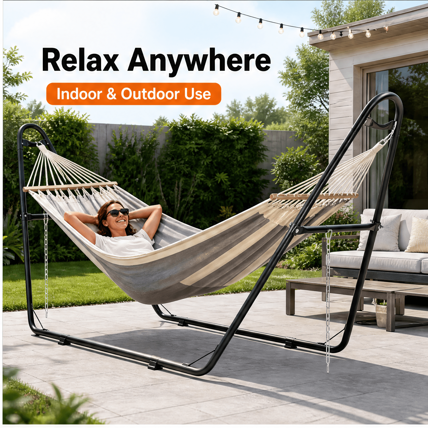 [Heavy Duty Hammock Stand] Double Bar Hammock Stand, 550Lb Weight Capacity, Matte Black Steel Frame with Anti-Slip Lock & Tool-Free Assembly, Heavy Duty Cradle Swing Stand for Patio Backyard Deck